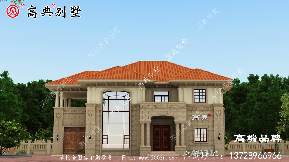 这款两层欧式别墅，色彩明亮温暖，坡屋顶设计。